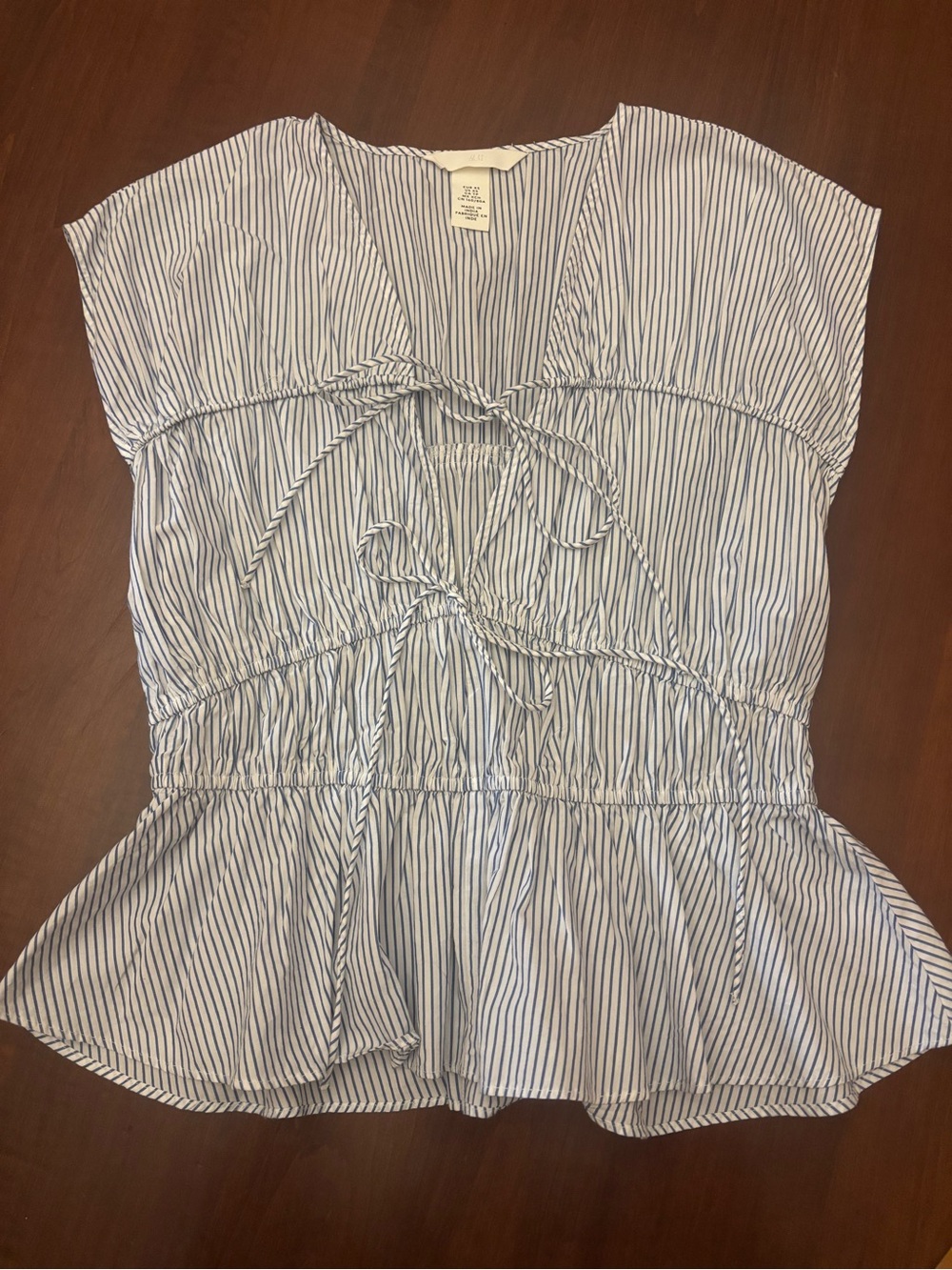 H&M Blue and White Striped Tie-Front Peplum Top